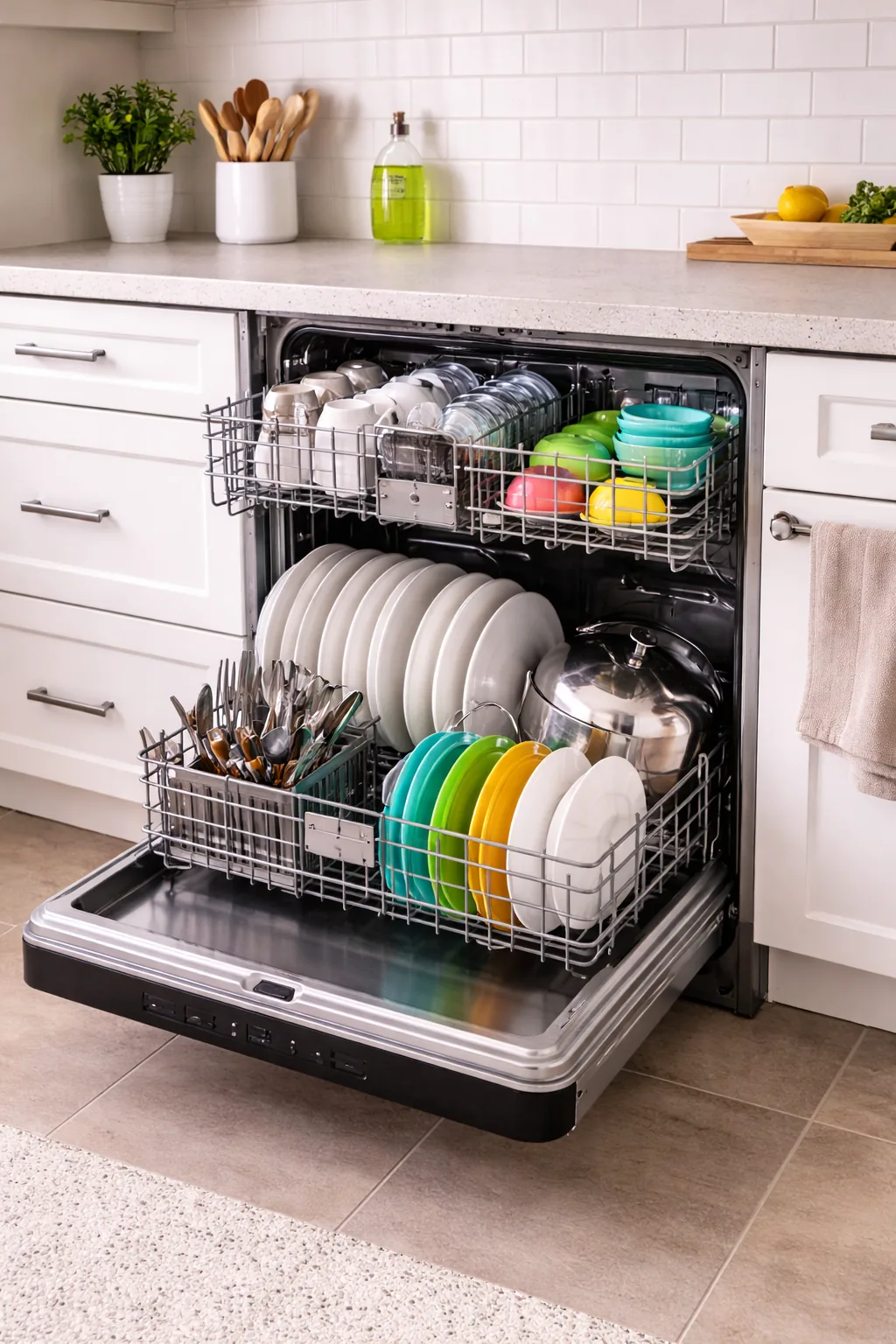 Dishwasher open with dishes inside